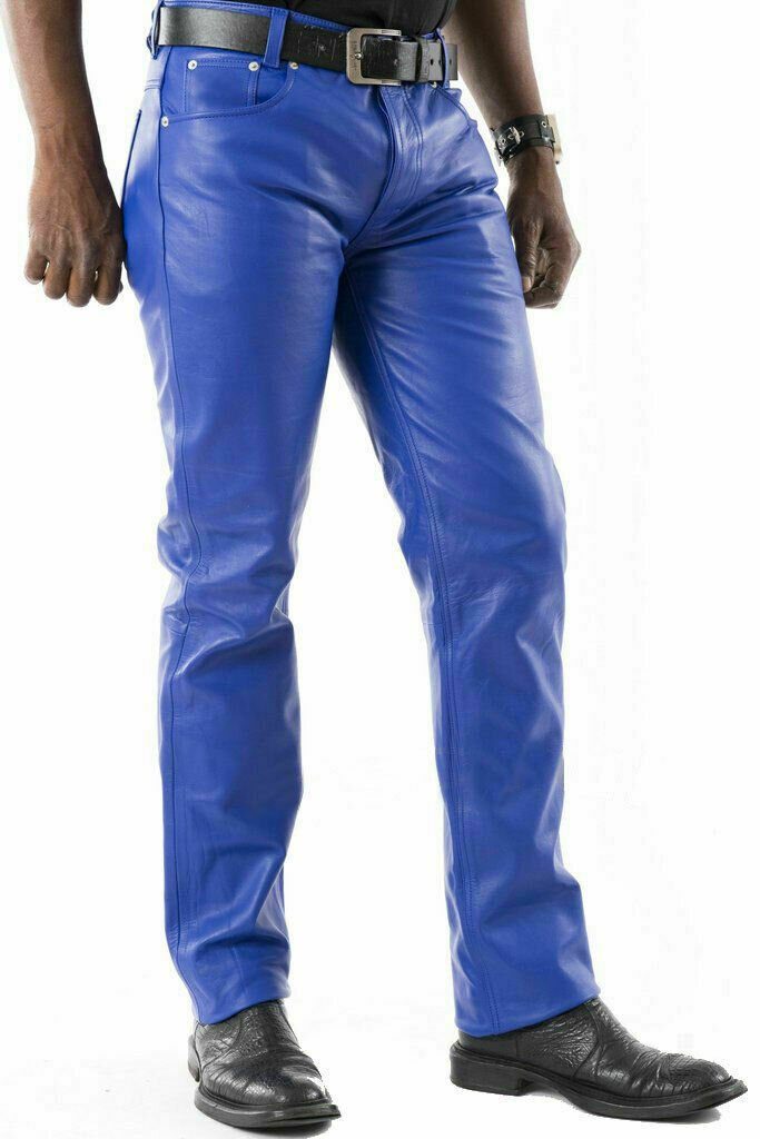Mens BLUE Leather Pants jeans Biker style Pant Real leather motorcycle