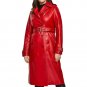 Red Women Leather Long Coat Sleeves Length Casual Slim Fitted Winter Trench Coat