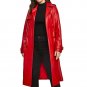 Red Women Leather Long Coat Sleeves Length Casual Slim Fitted Winter Trench Coat
