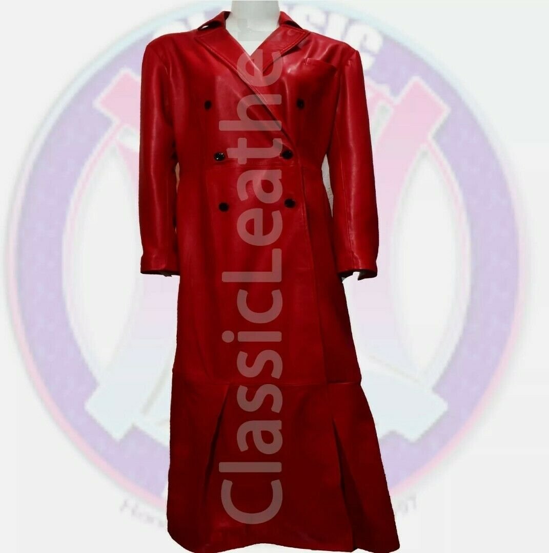 Women Red Leather Long Coat Classic Fit trench coat Long Sleeves double breasted