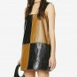 Womens Genuine lamb Leather minidress Checked color-block Square Neck wide Strap