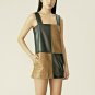 Womens Genuine lamb Leather minidress Checked color-block Square Neck wide Strap