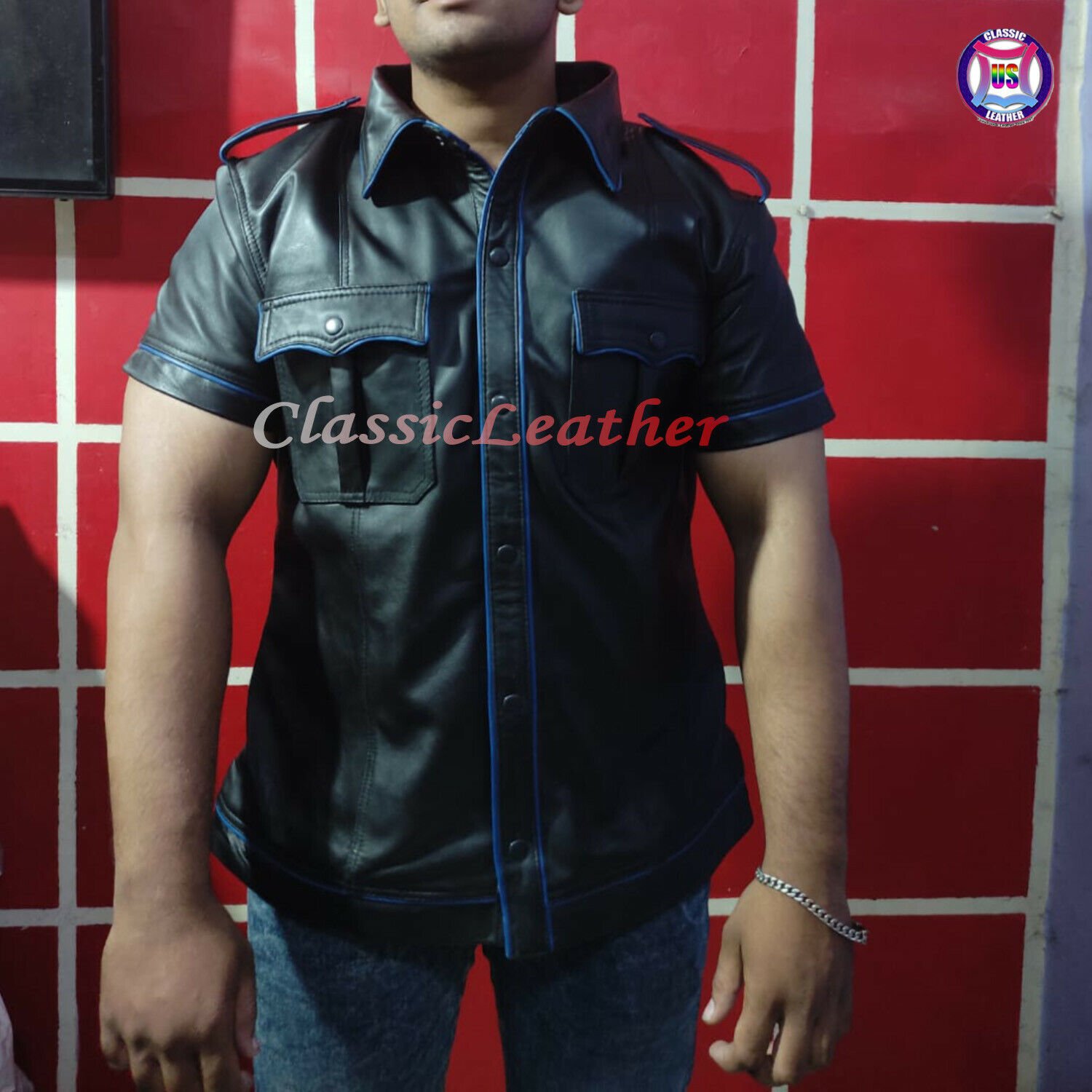 Gay Club Leather Shirt Black Shirt & Blue Pippin T-Shirt Clubwear Casual Jacket