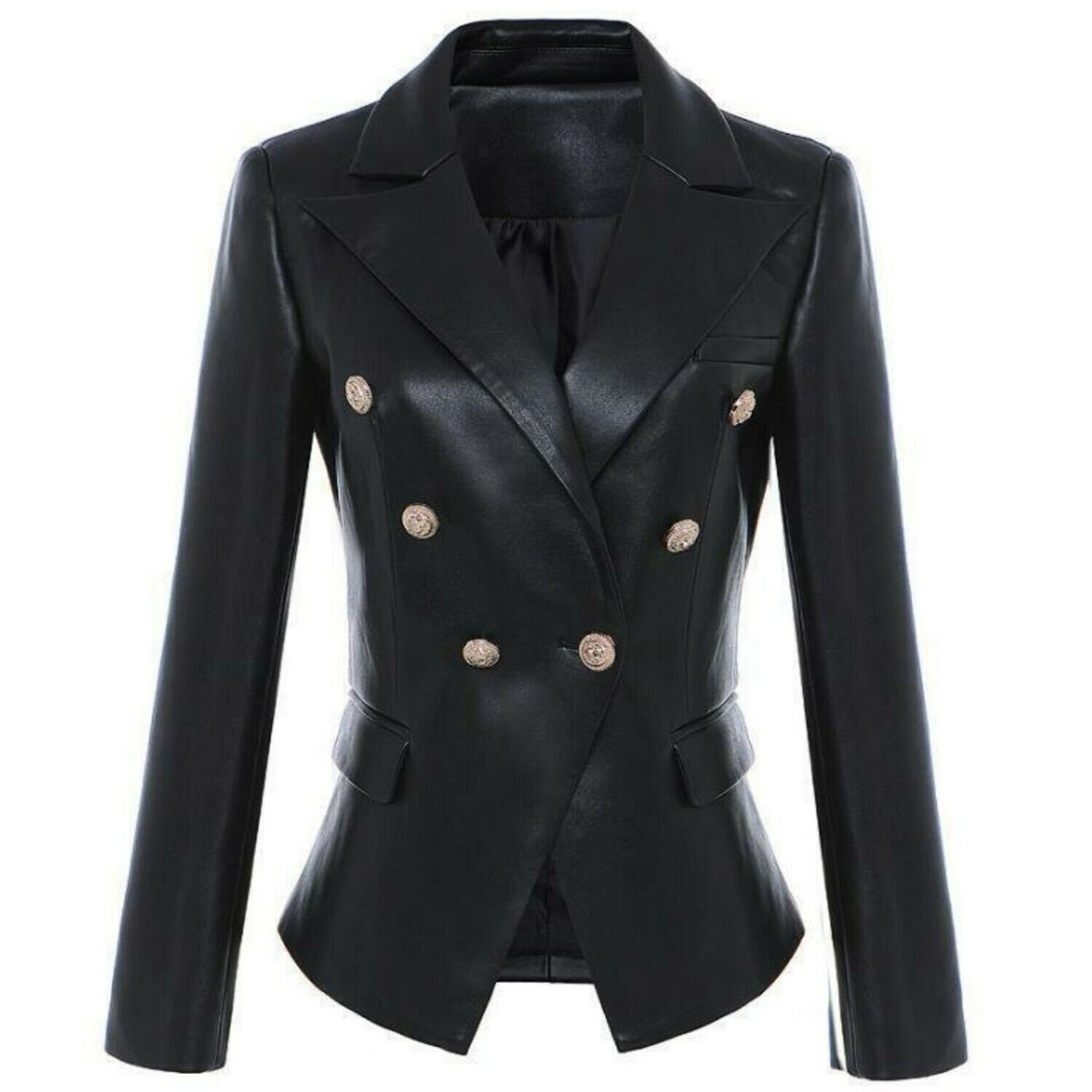 Women's Handmade Double Breasted Leather Coat Stylish Gold Buttons Casual Jacket
