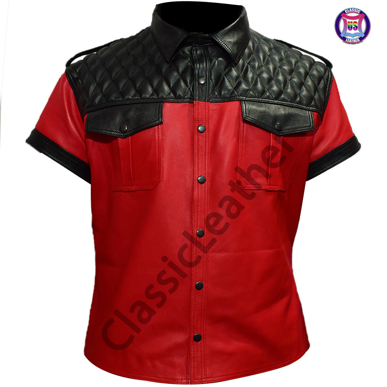 *Mens Leather Police Uniform shirt Red Leather Quilting BLUF uniform Gay Shirt