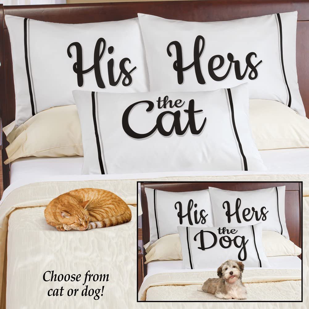HIS & HERS & The cat pillowcase set 30" x 20" polyester white w/ black & grey borders free shipping