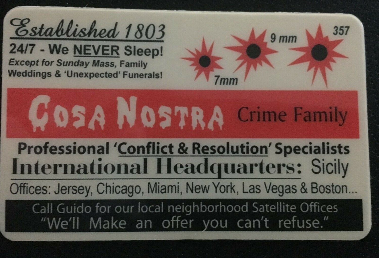 Cosa Nostra Mafia Mob Crime Family Gangster novelty ID Card Godfather Capone