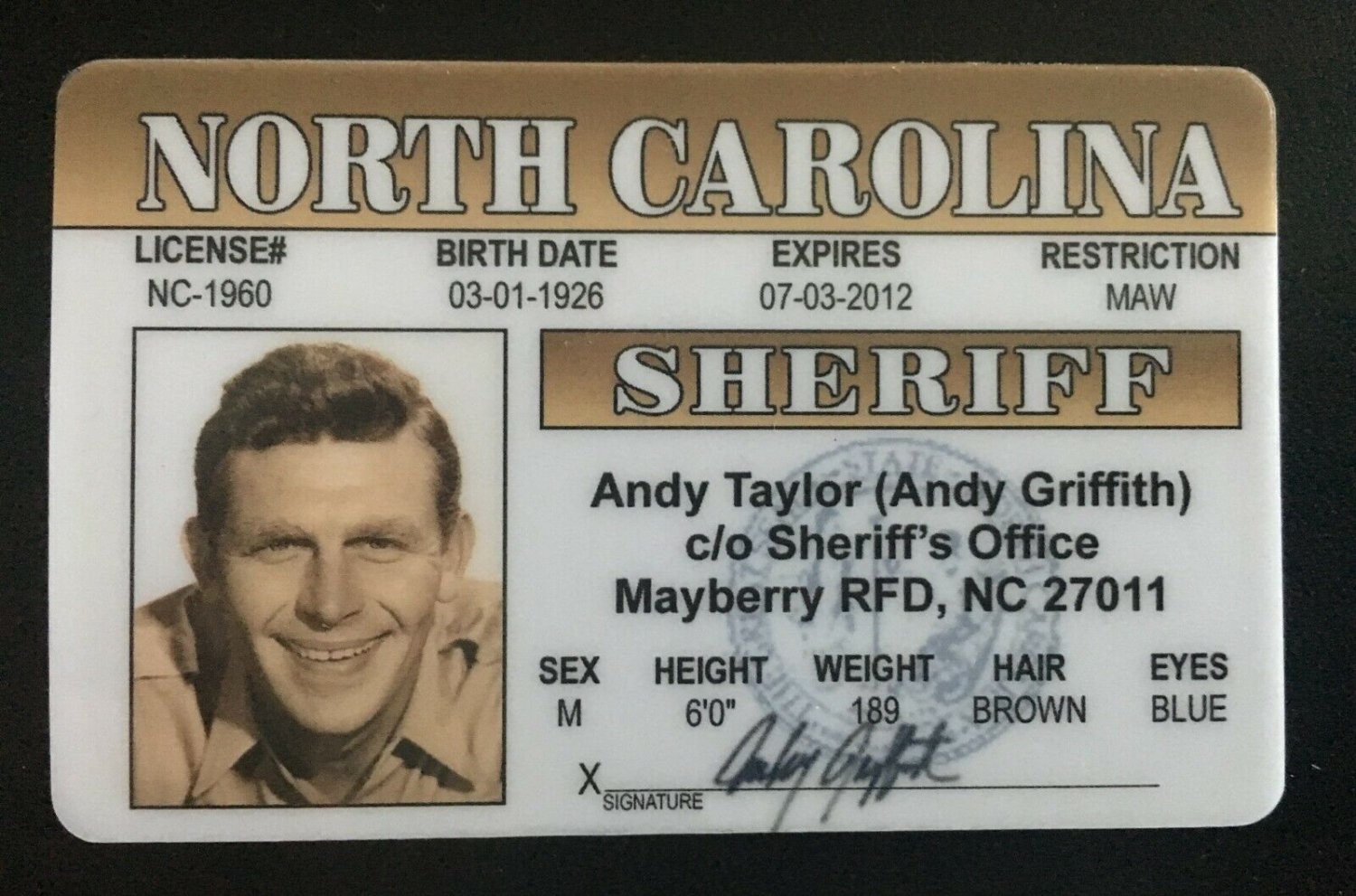 Sheriff Andy Taylor Mayberry NC Novelty Sheriff Andy Griffith License TV Show