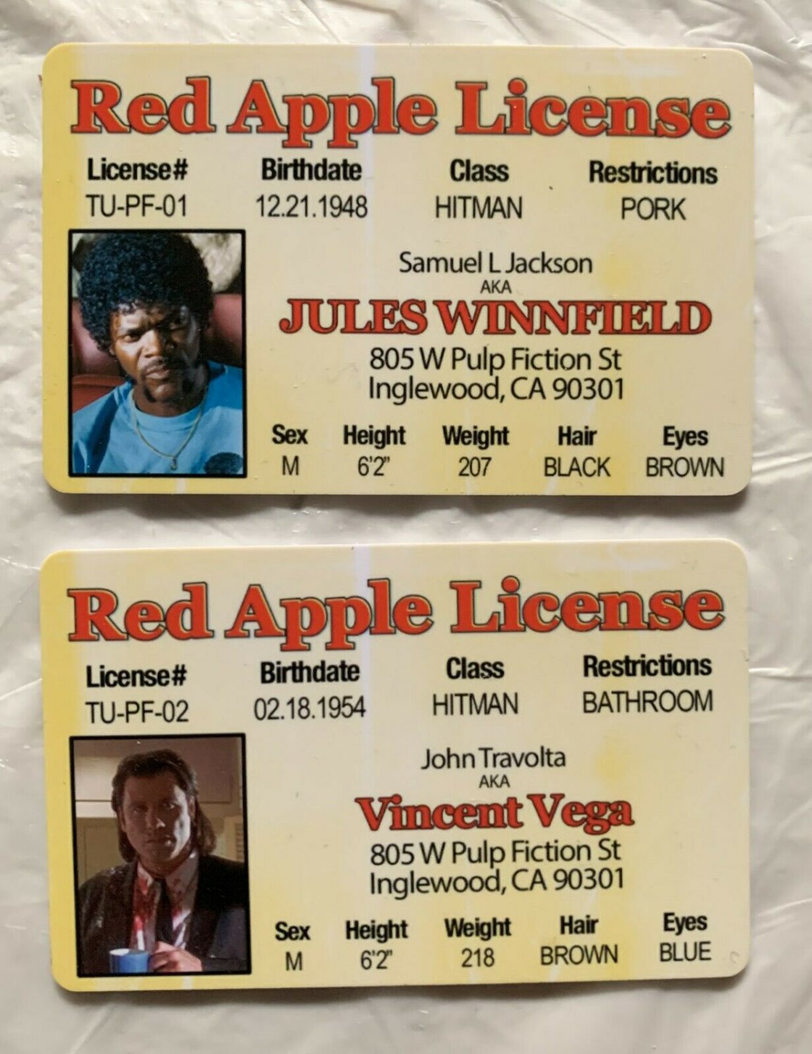 Jules & Vincent Pulp Fiction Movie Red Apple 2 ID card License Jackson Travolta