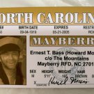 Ernest T Bass Howard Morris Mayberry NC Novelty Sheriff Andy Griffith License
