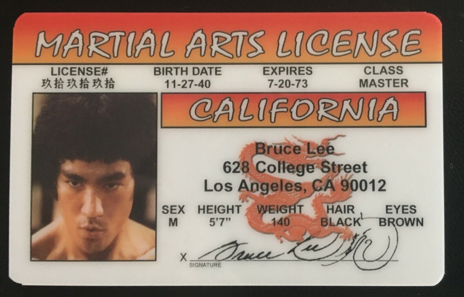 Bruce Lee Novelty card Actor Martial Arts License Movies Kung Fu Fist Fury