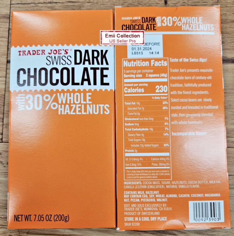 Trader Joe's Swiss Dark Chocolate with 30 Whole Hazelnuts 7oz 200g (2