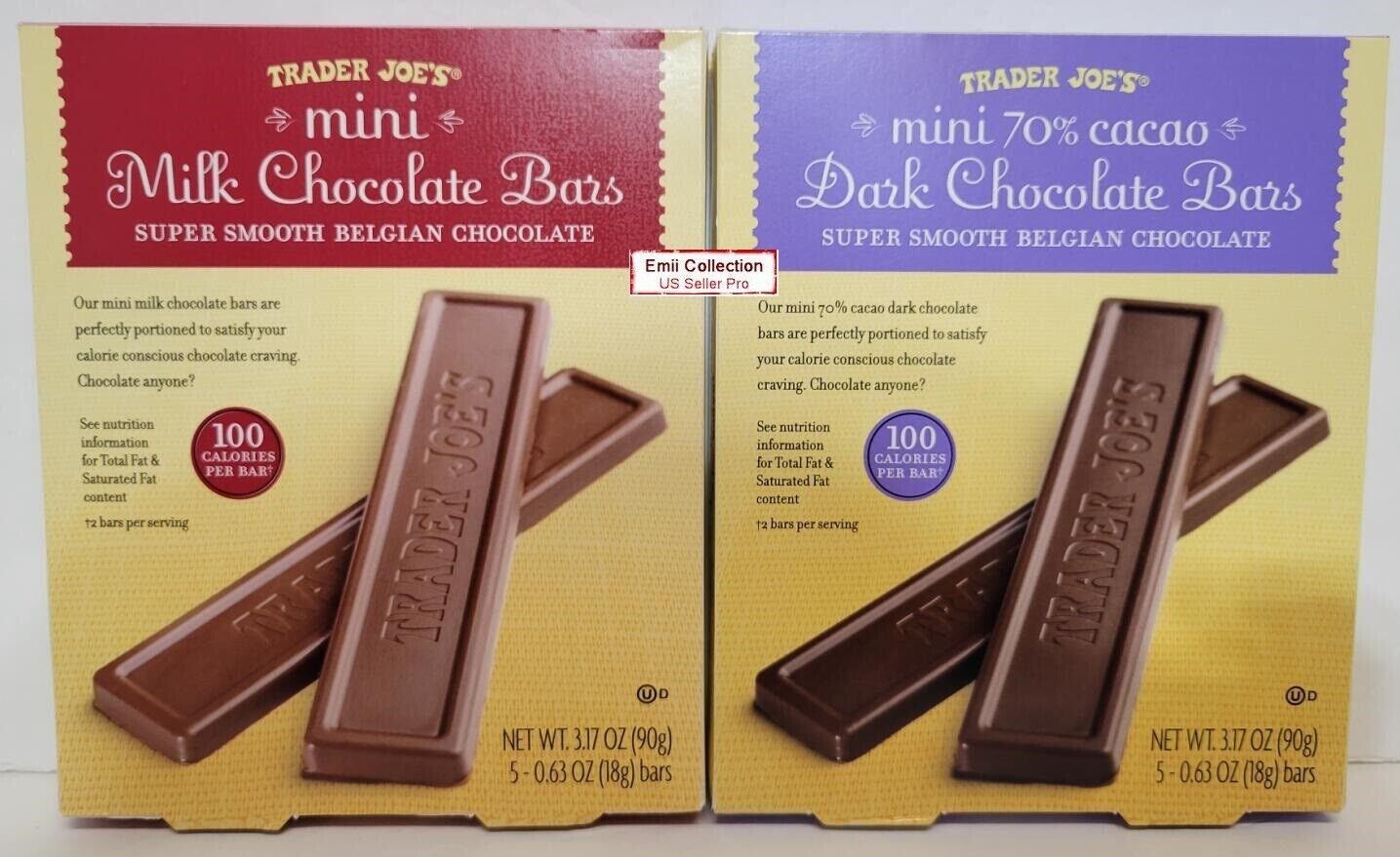 Trader Joe's Mini Milk & 70 Cacao Dark Chocolate Bars 100 Calories Bundle