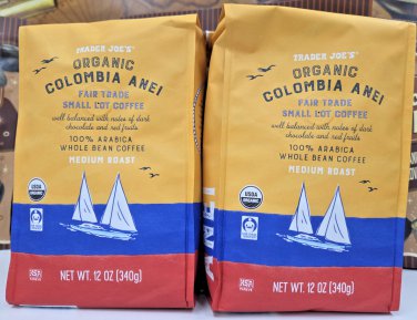 Trader Joe's Organic Colombia ANEI Small Lot Whole Bean Coffee 12oz (2 Bags)