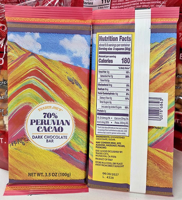 Trader Joe's 70% Peruvian Cacao Dark Chocolate Bar 3.5oz 100g (2 Bars)