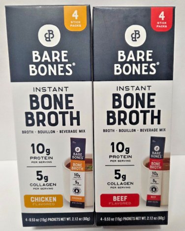 Bare Bones Instant Bone Broth Beverage Mix Chicken & Beef 2.12oz 60g (2 Boxes)