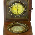 Antique Brass Nautical Wooden Desk Compass With Maritime Clock Gift Desk Pocket