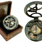 Antique vintage brass compass 4" nautical sundial with wooden box decor gift