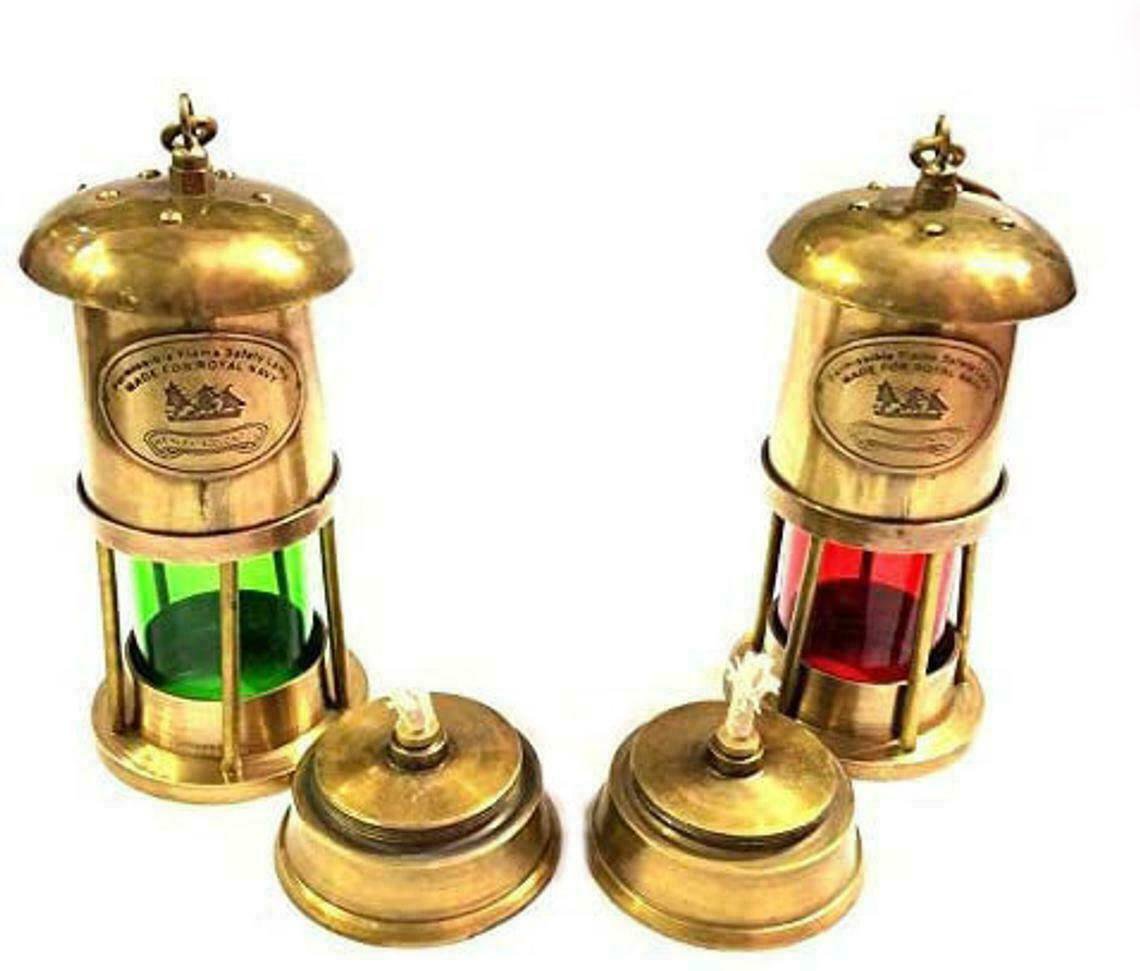 7" Nautical Antique Brown Brass Red/Green Minor Oil Lamp Ship Boat Lantern Home