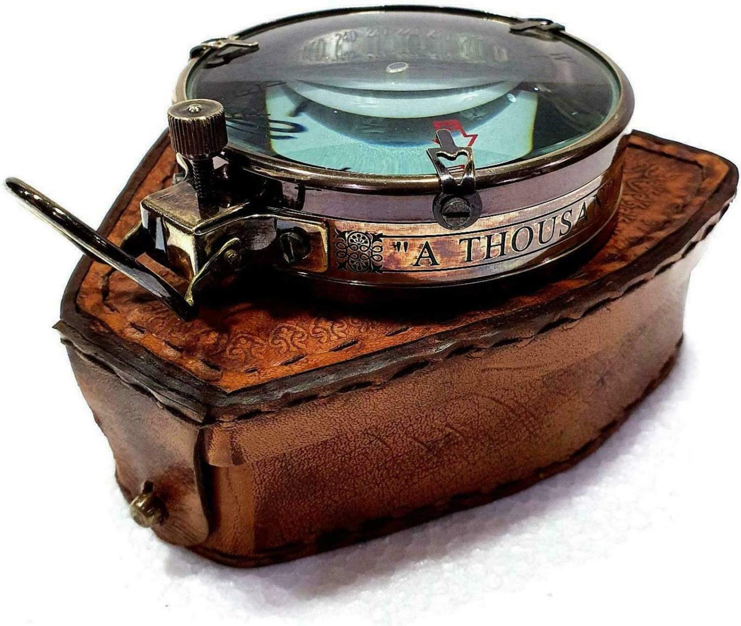 Antique vintage brass compass nautical map reader navigation with leather case