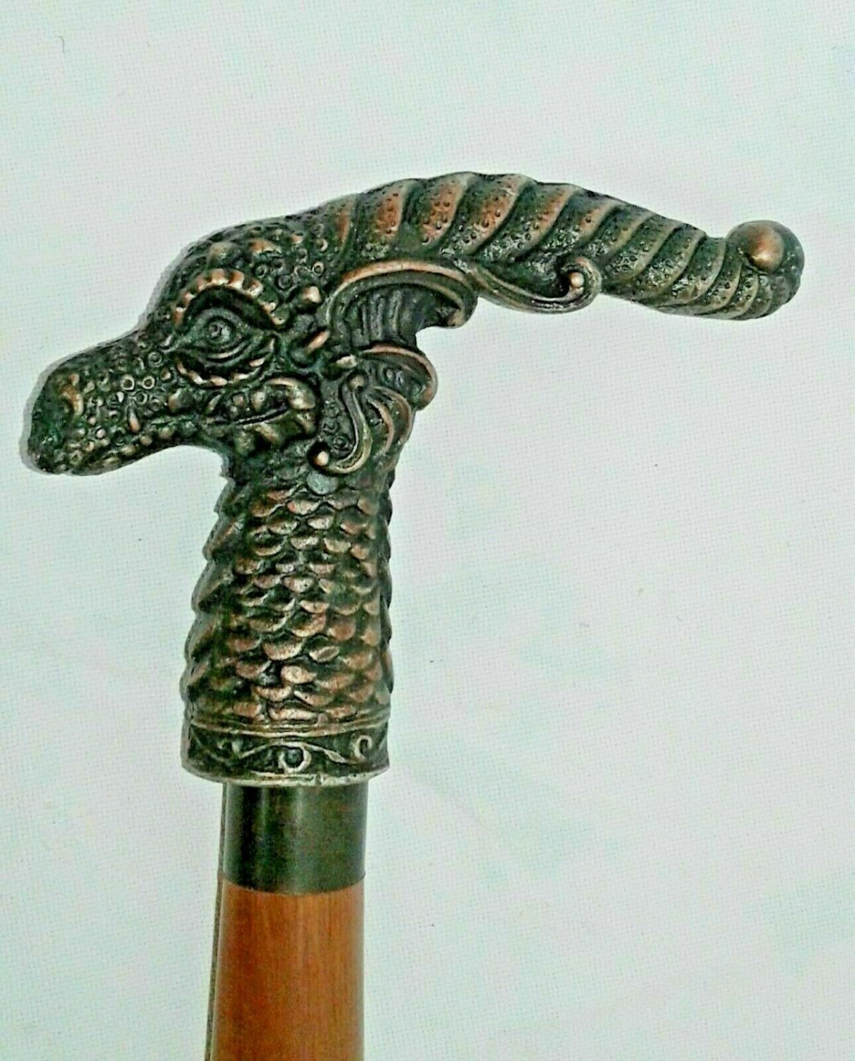 Copper Antique Dragon Head Handle Vintage Wooden Walking Stick Cane Gift