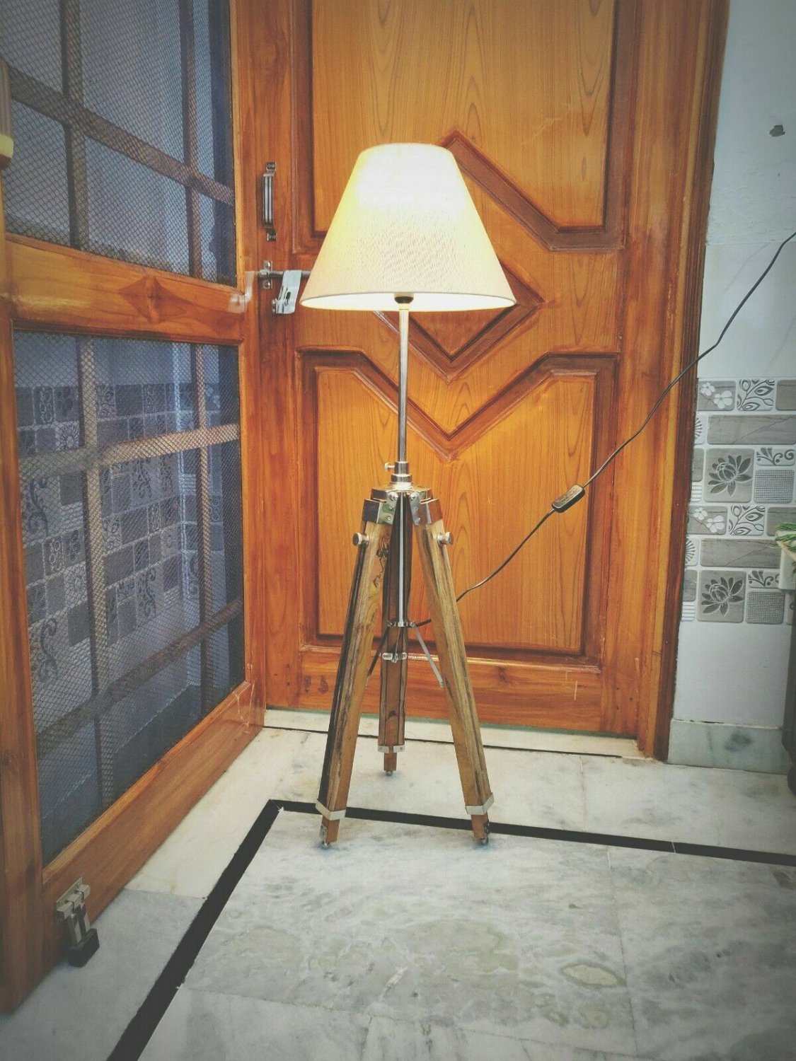 Vintage Nautical Tripod Floor Lamp Natural Teak Wooden Shade Stand Home Decor