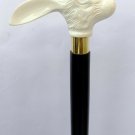 Wooden Walking Stick Skull Head Bunny Face Handel White Black Antique Victorian
