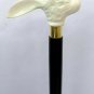 Wooden Walking Stick Brass Bunny Face Handel White Black Antique Victorian Cane