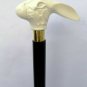 Wooden Walking Stick Brass Bunny Face Handel White Black Antique Victorian Cane