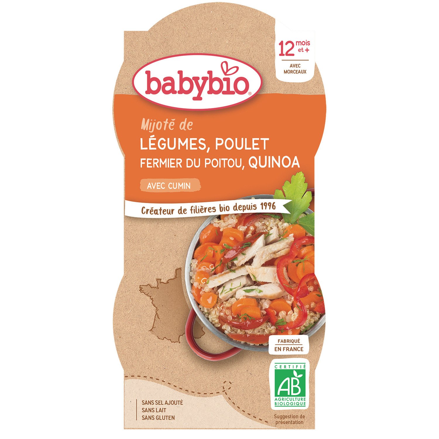 lot 3 x 2 Baby dish from 12 months, vegetables / chicken BABYBIO 200 gr