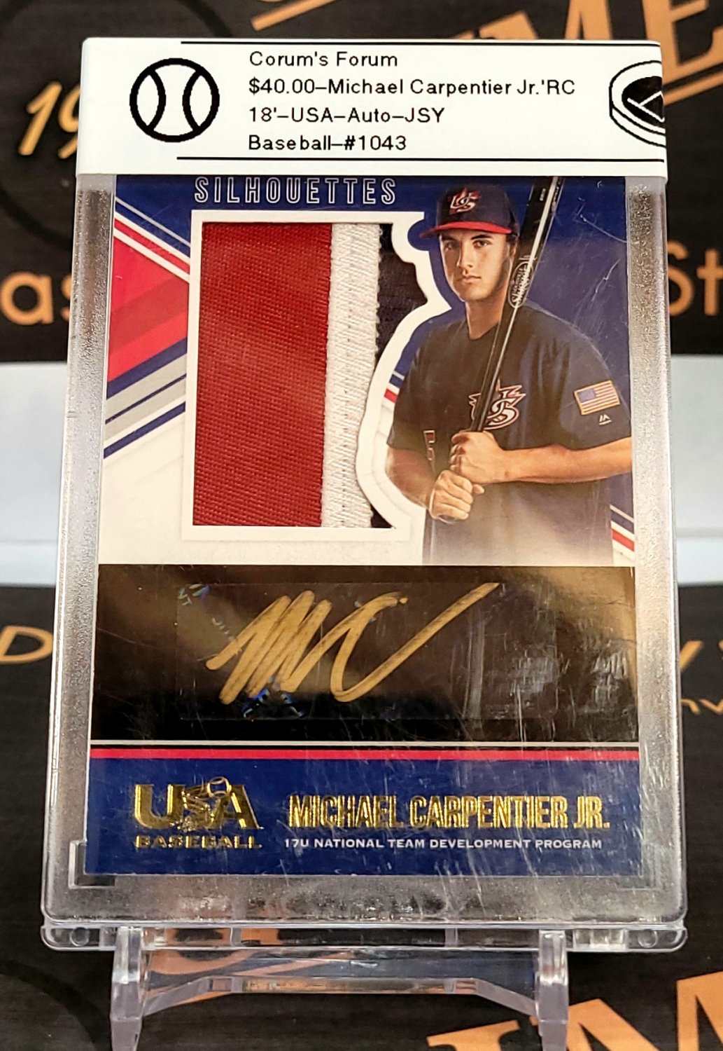 2018 Panini USA Baseball Michael Carpentier Jr. JSY-RELIC Gold-Sig-04/10-Tampa Bay Rays