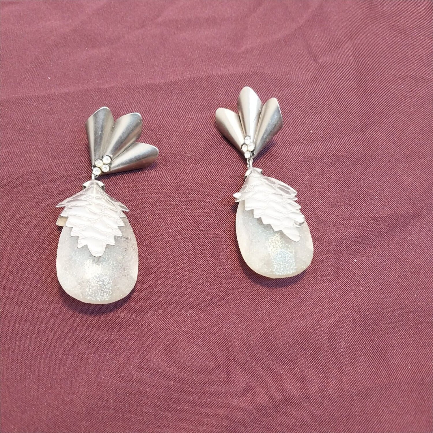 Vintage Retro Large Earing, acrylic and metal pine shape