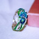 Ring Blue Irises Sterling Silver 925 Zircon Hot Glass Enamel