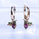 Earrings Hummingbird with Natural Gems Ruby and Demantoids, gold 585, black rhodium