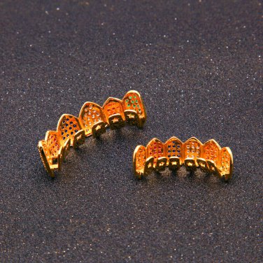 Gold Color Plated Teeth Grill Caps Micro Pave CZ Top & Bottom Grillz Braces