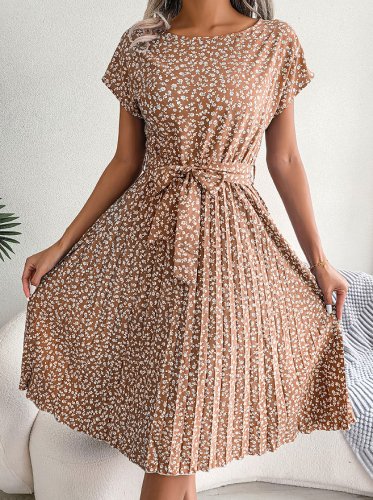 Spring And Summer New Casual Short Sleeve Floral Tie-neck Dress Pleated Skirt