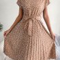 Spring And Summer New Casual Short Sleeve Floral Tie-neck Dress Pleated Skirt