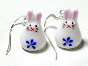 Cute Blue Porcelain Rabbit Dangle Silver Earrings