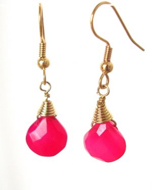 Pink Fuchsia Chalcedony Briolette Gold Dangle Earrings