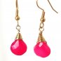 Pink Fuchsia Chalcedony Briolette Gold Dangle Earrings