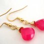 Pink Fuchsia Chalcedony Briolette Gold Dangle Earrings