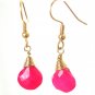 Pink Fuchsia Chalcedony Briolette Gold Dangle Earrings
