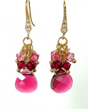 Fuchsia Swarovski Cluster Gold Earrings