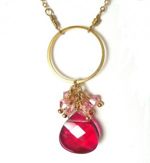 Fuchsia Swarovski Cluster Gold Hoop Necklace