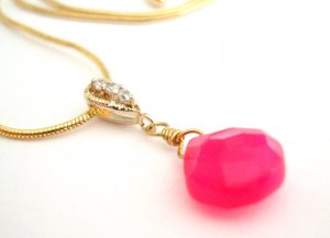 Pink Fuchsia Chalcedony Briolette Gold Necklace