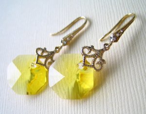 Yellow Octagon Swarovski Gold Dangle Earrings