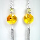 Yellow octagon Swarovski tassel silver earrings