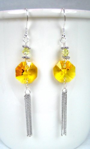 Yellow octagon Swarovski tassel silver earrings