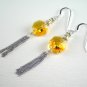 Yellow octagon Swarovski tassel silver earrings