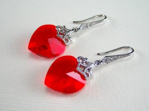 Red Swarovski Crystal Heart Silver Earrings